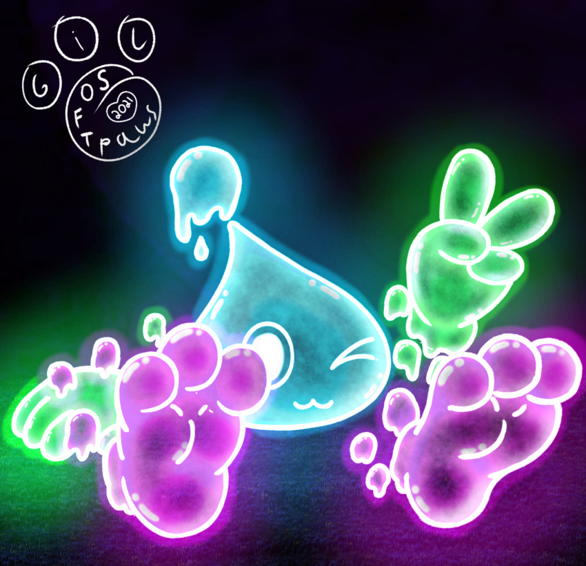 3_toes absurd_res ambiguous_gender chibi digital_drawing_(artwork) digital_media_(artwork) disembodied elemental_creature fantasy_creature feet flora_fauna foot_fetish foot_focus forest gesture gil_softpaws glowing glowing_eyes goo_creature hand_gesture hi_res levitating night plant signature simple_background sitting slime solo toes translucent translucent_body tree v_sign