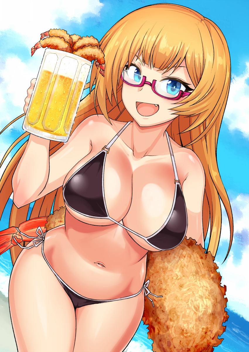 alcohol beach beer beer_mug bikini black_bikini blonde_hair blue_eyes breasts commentary_request cup female food friday_(granblue_fantasy) glasses granblue_fantasy highres large_breasts long_hair mug navel ocean oerba_yun_fang shrimp shrimp_tempura solo swimsuit tempura zasshu_nigou