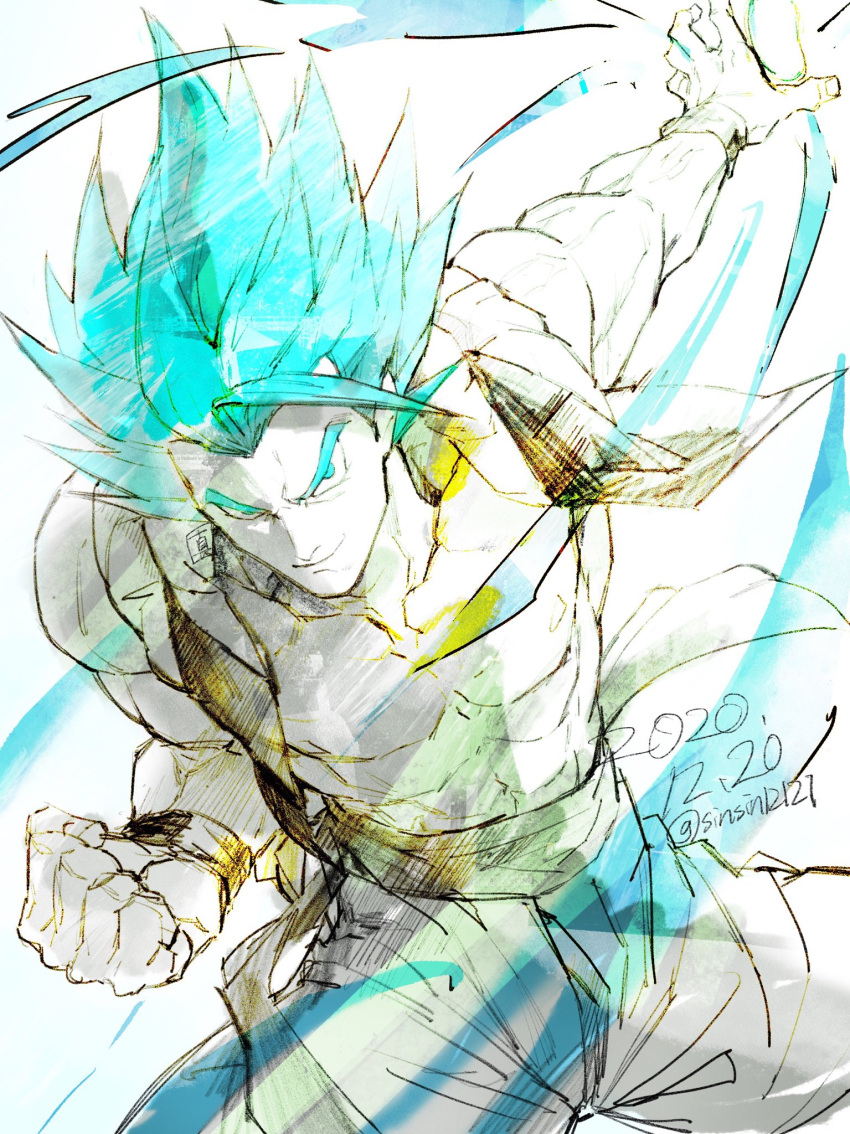 1boy abs aura blue_eyes blue_hair dated dragon_ball dragon_ball_super dragon_ball_super_broly gogeta highres male_focus metamoran_vest muscular muscular_male pants pectorals sash shin_(sinsin12121) smile solo spiked_hair super_saiyan super_saiyan_blue twitter_username wristband