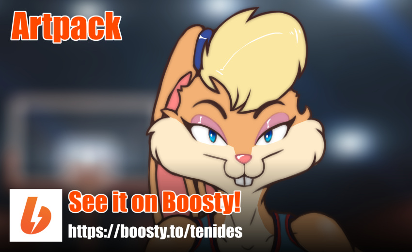 advertisement blonde_hair blue_eyes english_text female fur hair hi_res lola_bunny looking_at_viewer looney_tunes pink_nose solo tan_body tan_fur tenides text url warner_brothers