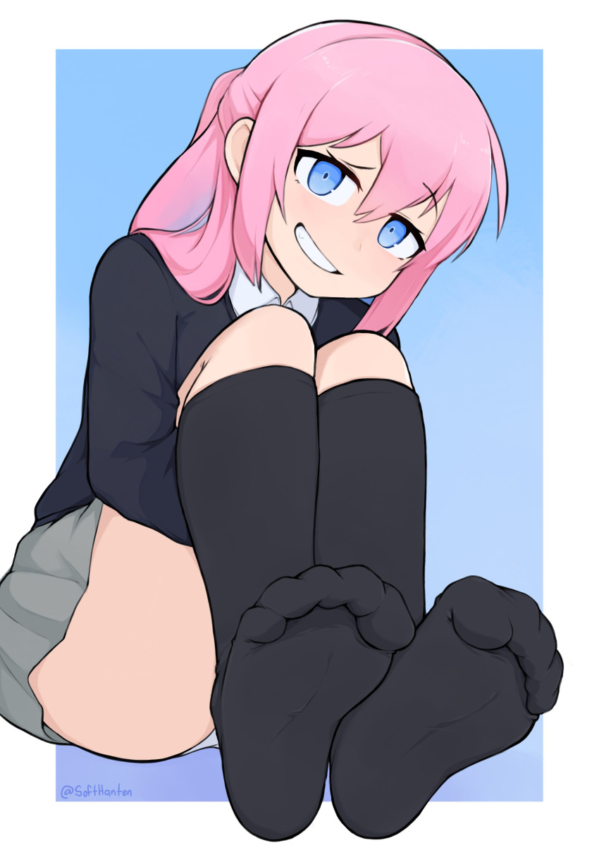 absurdres black_jacket black_socks blue_background blue_eyes border collared_shirt commission english_commentary feet female foot_focus foreshortening grey_skirt hair_between_eyes head_tilt highres hugging_own_legs jacket kawaii_dake_ja_nai_shikimori-san kneehighs leaning_forward legs long_hair no_shoes pink_hair pleated_skirt shikimori_(kawaii_dake_ja_nai) shirt sidelocks skirt smug socks softhanten soles solo teeth toe_scrunch toes twitter_username white_border white_shirt