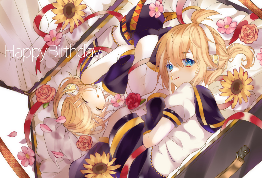 1boy arm_warmers bare_shoulders black_sailor_collar black_shorts blonde_hair blue_eyes bow casket closed_eyes commentary crop_top female fetal_position finger_to_mouth flower hair_ornament hairbow hairclip happy_birthday headphones highres index_finger_raised kagamine_len kagamine_rin leg_warmers looking_at_viewer mobukyara_(mobumobu0817) nail_polish open_mouth petals pink_flower red_flower rose sailor_collar school_uniform shirt short_hair short_ponytail short_shorts short_sleeves shorts shushing sleeping sleeveless sleeveless_shirt spiked_hair sunflower swept_bangs vocaloid white_bow white_shirt yellow_nails