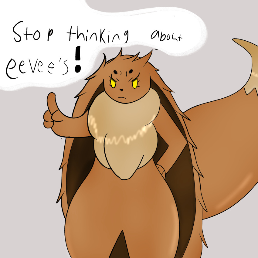 1:1 absurd_res ambiguous_gender angry brown_body brown_fur eevee feral fur generation_1_pokemon gesture hand_gesture hi_res looking_at_viewer meme miyang_draws! nintendo pointing pokemon pokemon_(species) stop_thinking_about_sex text yellow_eyes