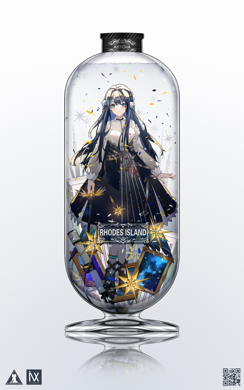 animal_ears arknights astesia_(arknights) bird_ears bird_tail blue_eyes blue_hair blue_skirt bottle breasts bubble chinese_commentary commentary female floating full_body gold_trim highres holding holding_sword holding_weapon in_bottle in_container infection_monitor_(arknights) layered_skirt long_hair looking_at_viewer material_growth medium_breasts oripathy_lesion_(arknights) painting_(object) qr_code reflection rhine_lab_logo shirt simple_background skirt smile solo star_(symbol) sword tail telescope weapon white_shirt winged_sword yuuki_mix