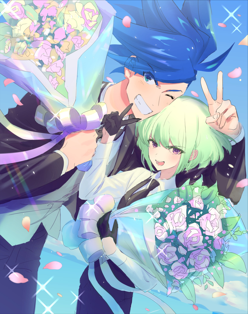 2boys androgynous asymmetrical_hair black_gloves blue_eyes blue_hair bouquet dutch_angle galo_thymos gloves green_hair highres holding holding_bouquet lio_fotia male_focus mohawk multiple_boys one_eye_closed open_mouth petals promare rice_(rice8p) shirt short_hair sidecut sparkle undercut white_shirt yaoi