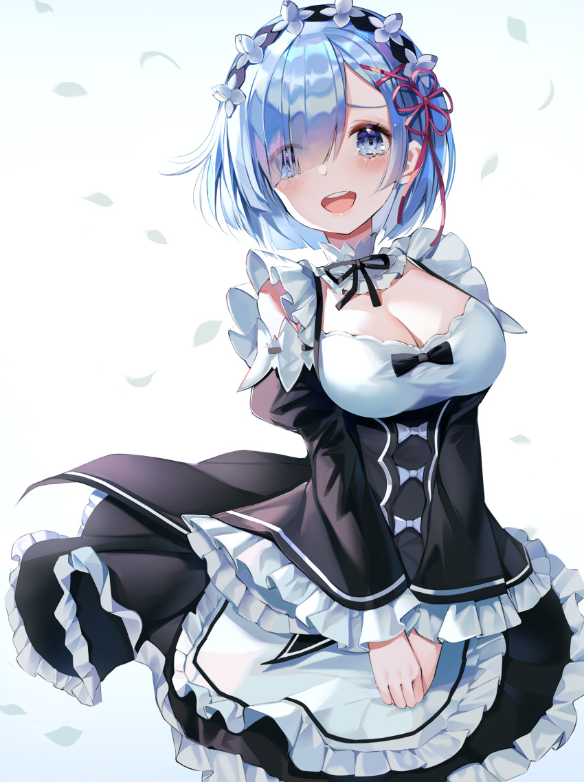 :d absurdres apron black_dress black_ribbon blue_eyes blue_hair blush breasts buri_(retty9349) cleavage cowboy_shot detached_sleeves dress eyes_visible_through_hair female flower_knot frilled_dress frilled_sleeves frills gradient_background hair_ornament hair_over_one_eye hair_ribbon hairband highres lolita_hairband long_sleeves maid md5_mismatch medium_breasts neck_ribbon open_mouth own_hands_together petals purple_ribbon re:zero_kara_hajimeru_isekai_seikatsu rem_(re:zero) ribbon ribbon-trimmed_sleeves ribbon_trim roswaal_mansion_maid_uniform round_teeth short_hair smile solo tears teeth underbust upper_teeth_only v_arms waist_apron white_apron white_background wide_sleeves x_hair_ornament