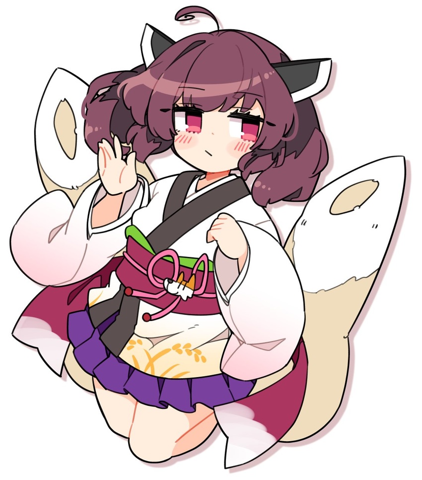 :/ brown_hair closed_mouth commentary female full_body headgear highres ini_(inunabe00) japanese_clothes kimono kiritanpo_(food) long_sleeves looking_at_viewer purple_skirt red_eyes sash short_hair simple_background skirt solo touhoku_kiritan voiceroid white_background white_kimono