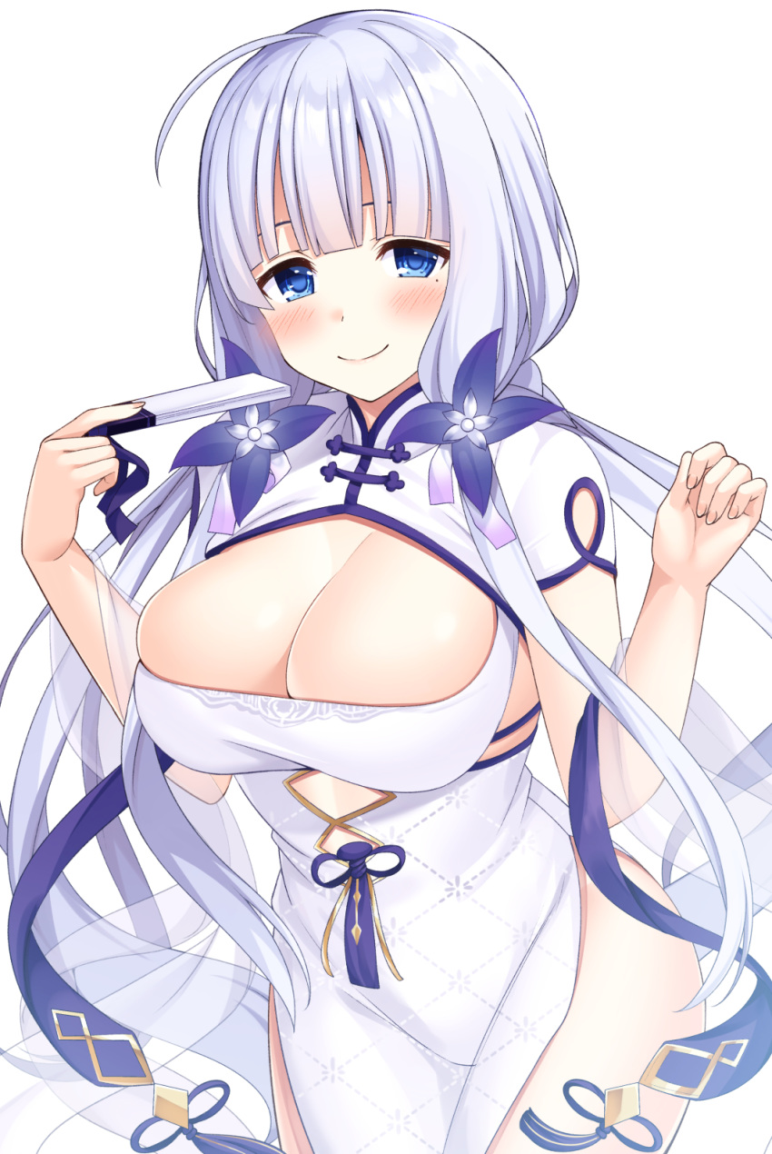 arm_up azur_lane blue_eyes blue_flower blue_ribbon blush breasts china_dress chinese_clothes cleavage dress female flower folded_fan folding_fan hair_between_eyes hair_flower hair_ornament hand_fan highres holding holding_fan illustrious_(azur_lane) illustrious_(maiden_lily's_radiance)_(azur_lane) large_breasts long_hair looking_at_viewer mole mole_under_eye official_alternate_costume ribbon simple_background solo super_nagoyaka thighs white_background white_dress white_hair