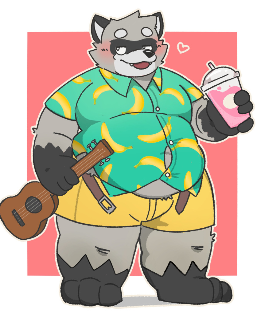 2022 absurd_res anthro belly big_belly black_body black_nose blush bottomwear clothing cute_fangs grey_body heart_symbol hi_res humanoid_hands jamiephut kemono male mammal musical_instrument overweight overweight_male procyonid raccoon shirt shorts simple_background solo topwear