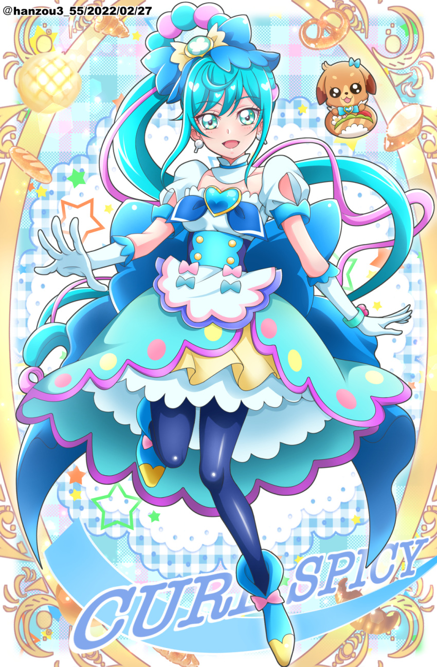 2022 :d apron blue_eyes blue_hair blue_pantyhose bracelet character_name cure_spicy dated delicious_party_precure dress earrings female floating_hair food full_body fuwa_kokone gloves hair_between_eyes hanzou highres jewelry layered_dress long_hair looking_at_viewer magical_girl open_mouth pam-pam_(precure) pantyhose precure pretzel shiny_clothes shiny_legwear short_sleeves side_ponytail smile solo twitter_username very_long_hair waist_apron white_apron white_gloves