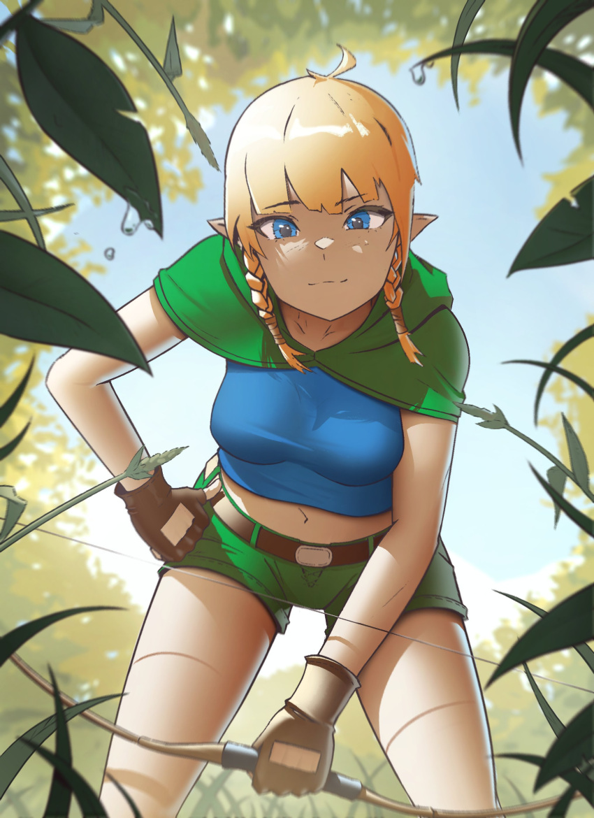 absurdres belt blonde_hair blue_eyes blue_shirt blunt_bangs bow_(weapon) braid breasts brown_gloves capelet commentary day dew_drop feet_out_of_frame female fingerless_gloves from_below gloves grass green_capelet green_shorts hand_on_own_hip highres holding holding_bow_(weapon) holding_weapon hyrule_warriors large_breasts leaning_forward lem light_smile linkle looking_at_viewer looking_down midriff navel pointy_ears shirt short_hair short_shorts shorts sky solo the_legend_of_zelda thighs twin_braids water_drop weapon