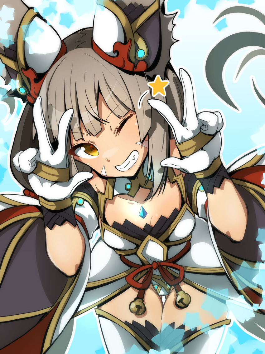 animal_ear_fluff animal_ears breasts brown_eyes brown_hair cleavage commentary_request double_w dress female grin hands_up head_tilt highena highres leotard long_hair looking_at_viewer nia_(blade)_(xenoblade) nia_(xenoblade) one_eye_closed small_breasts smile solo star_(symbol) thighhighs w white_dress white_leotard white_thighhighs xenoblade_chronicles_(series) xenoblade_chronicles_2