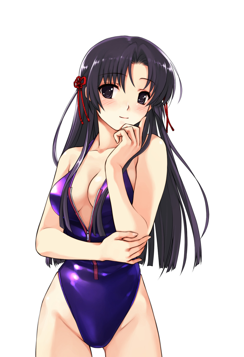 black_eyes black_hair blunt_ends blush breasts breasts_apart casual_one-piece_swimsuit center_opening chinese_knot closed_mouth collarbone cowboy_shot female front_zipper_swimsuit game_cg groin hair_between_eyes hair_intakes hair_ribbon hand_on_own_cheek hand_on_own_elbow hand_on_own_face hand_up highleg highleg_swimsuit highres holding_own_arm koga_sayoko long_hair looking_at_viewer medium_breasts meme_attire misaki_kurehito one-piece_swimsuit parted_bangs partially_unzipped purple_one-piece_swimsuit red_ribbon ribbon shiny_clothes sidelocks smile smile_cubic! solo standing straight_hair swimsuit tachi-e thigh_gap transparent_background very_long_hair zipper zipper_pull_tab