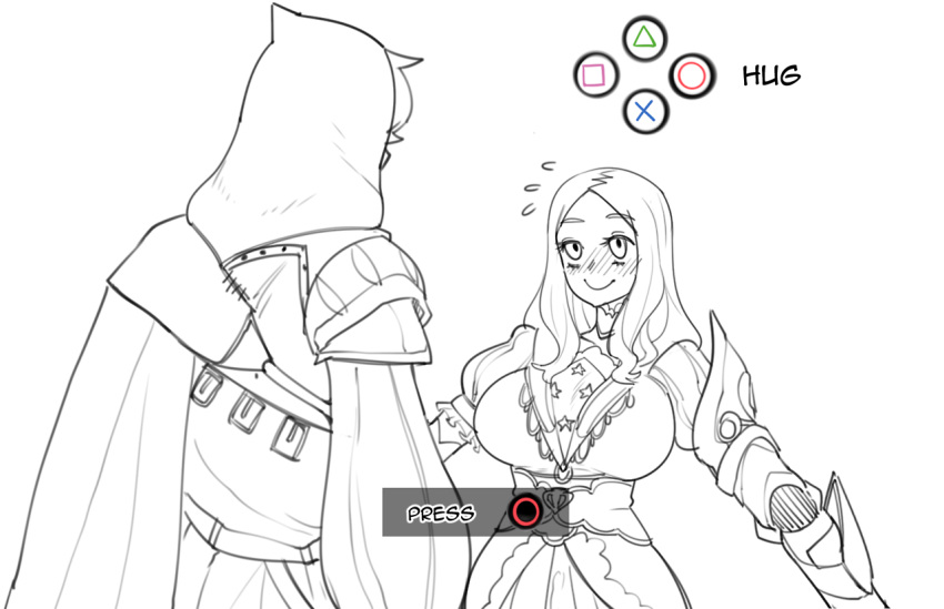 1boy assassin's_creed_(series) assassin's_creed_ii blush breasts commentary english_commentary ezio_auditore_da_firenze fate/grand_order fate_(series) female flying_sweatdrops gameplay_mechanics height_difference hood imminent_hug large_breasts leonardo_da_vinci_(fate/grand_order) long_hair minkye monochrome parody quick_time_event