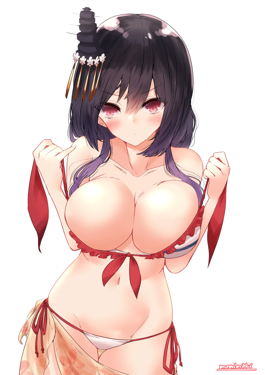 absurdres artist_name bikini black_hair breasts cleavage closed_mouth collarbone female front-tie_bikini_top front-tie_top hair_between_eyes headgear highres kantai_collection large_breasts long_hair looking_at_viewer momimaki navel official_alternate_costume red_eyes sarong side-tie_bikini_bottom solo swimsuit untied_bikini white_background white_bikini yamashiro_(kancolle) yamashiro_(swimsuit_mode)_(kancolle)