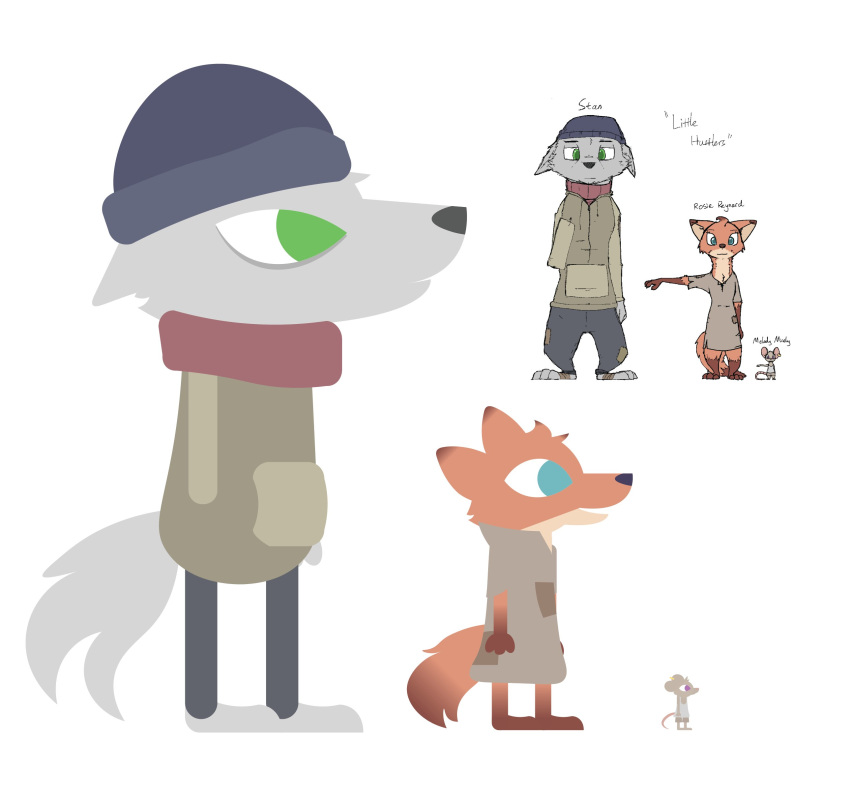 2020 absurd_res anthro brown_body brown_fur canid canine canis clothed clothing disney fan_character fox fully_clothed fur grey_body grey_fur group hi_res mammal melody_(zhanbow) missing_arm mouse murid murine night_in_the_woods red_fox rodent rosie_(zhanbow) simple_background stan_(zhanbow) style_emulation true_fox white_background wolf zhanbow zootopia