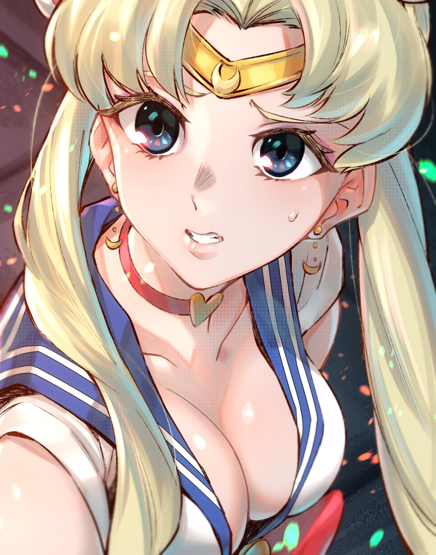 absurdres bad_id bad_pixiv_id bishoujo_senshi_sailor_moon bishoujo_senshi_sailor_moon_s blonde_hair blue_eyes breasts choker cleavage clenched_teeth collarbone crescent derivative_work downblouse earrings female forehead_jewel hair_over_shoulder heart heart_choker highres jewelry large_breasts long_hair magical_girl meme moto_toshi sailor_collar sailor_moon sailor_moon_redraw_challenge_(meme) sailor_senshi_uniform screenshot_redraw solo sweatdrop teeth tsukino_usagi twintails upper_body