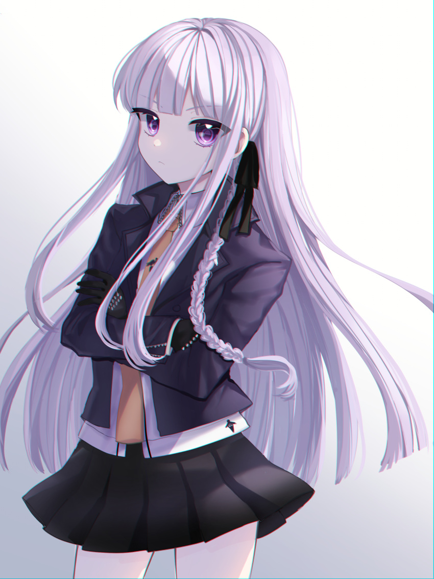 absurdres black_gloves black_jacket black_ribbon black_skirt blunt_bangs braid closed_mouth commentary cowboy_shot crossed_arms danganronpa:_trigger_happy_havoc danganronpa_(series) female frown gloves gradient_background hair_ornament hair_ribbon highres jacket kenouo kirigiri_kyoko long_hair long_sleeves looking_at_viewer miniskirt open_clothes pleated_skirt purple_eyes ribbon shirt side_braid simple_background single_braid skirt solo very_long_hair white_background white_shirt