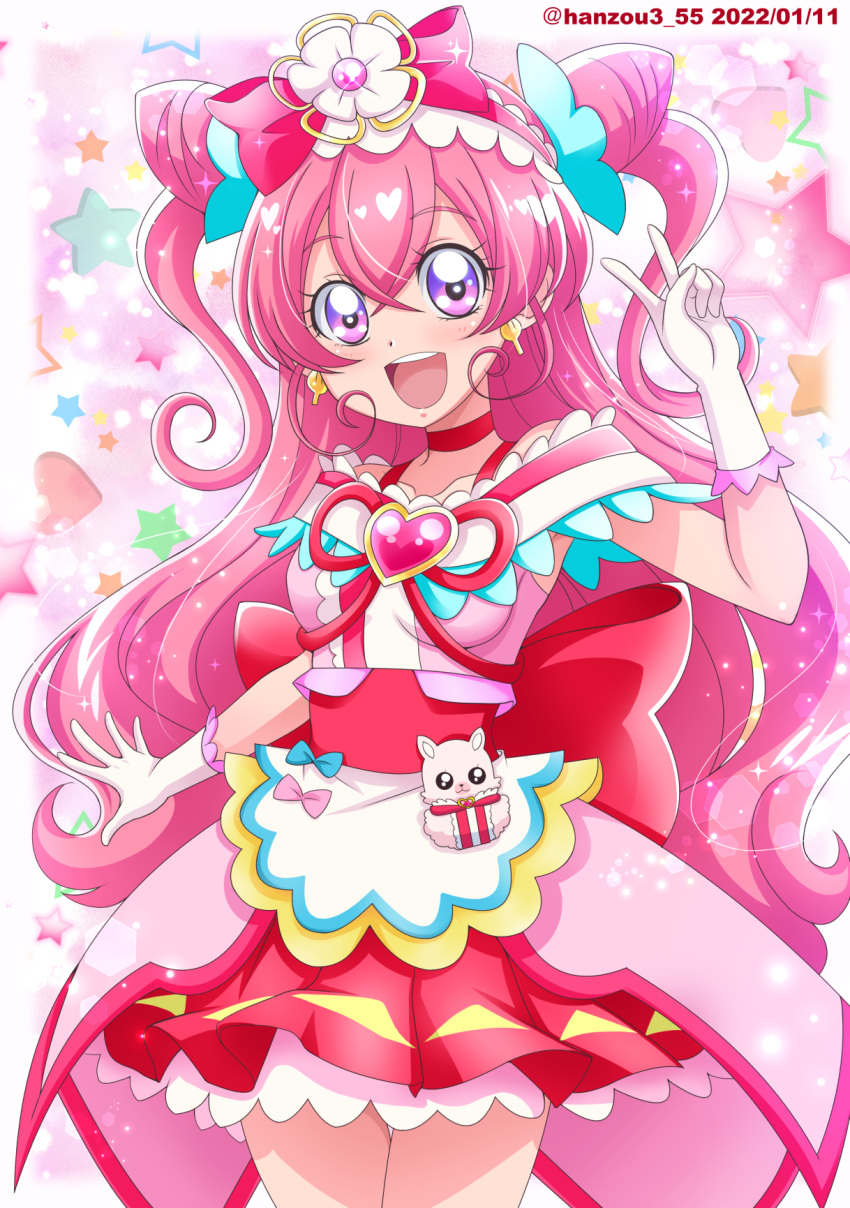 :d apron blush bow bow_hairband breasts choker collarbone cowboy_shot cure_precious dated delicious_party_precure earrings female gloves hair_between_eyes hairband hairbow hanzou highres jewelry kome-kome_(precure) layered_skirt long_hair looking_at_viewer magical_girl miniskirt nagomi_yui pink_hair pink_hairband pleated_skirt precure purple_eyes red_bow red_choker red_skirt skirt small_breasts smile solo twintails twitter_username two_side_up v very_long_hair waist_apron white_apron white_gloves