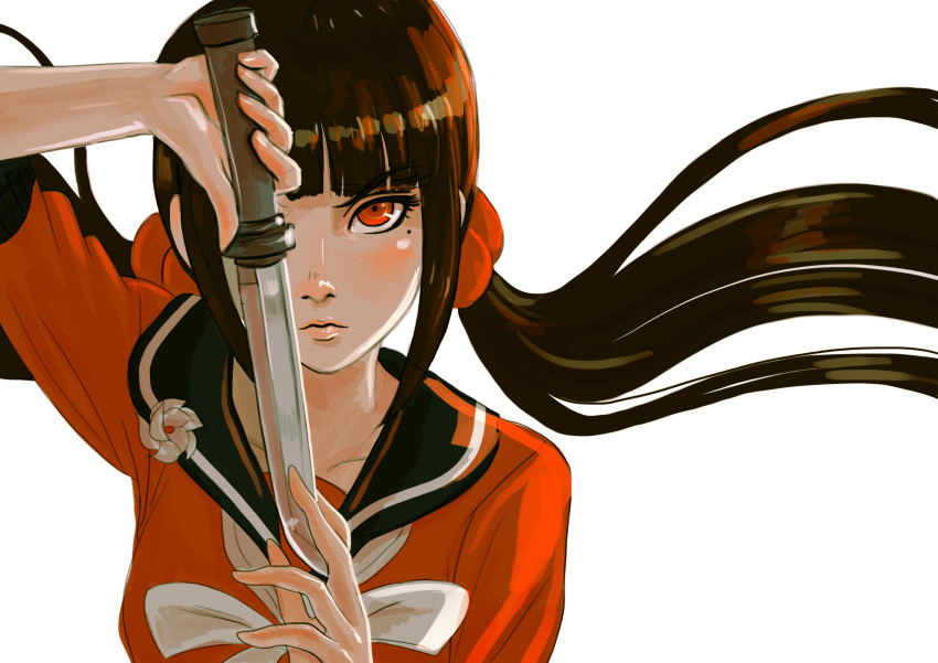 absurdres black_hair blunt_bangs blush brown_hair collarbone commentary_request danganronpa_(series) danganronpa_v3:_killing_harmony female floating_hair hair_ornament hair_scrunchie hand_up harukawa_maki highres holding holding_knife holding_sword holding_weapon knife long_hair long_sleeves looking_at_viewer missarilicious mole mole_under_eye red_eyes red_scrunchie school_uniform scrunchie serafuku simple_background solo sword twintails upper_body weapon white_background