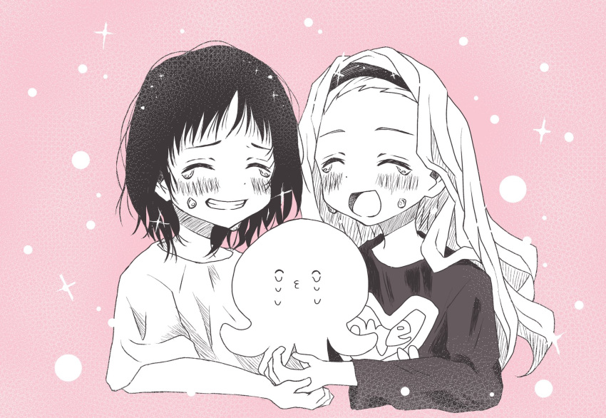 2girls bangs_pinned_back blush closed_eyes grin hairband happy highres kirarazaka_marina kuze_shizuka lapindrawing long_hair long_sleeves monochrome multiple_girls open_mouth short_hair short_sleeves smile sparkle takopii takopii_no_genzai tears