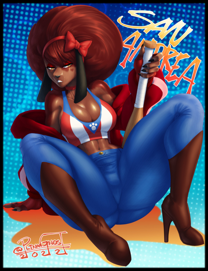 2022 5_fingers abs absurd_res accessory afro anthro athletic athletic_female baseball_bat bat_(object) big_breasts black_border black_nails boots border bottomwear bow_ribbon breasts brown_body brown_fur brown_hair canid canine canis choker cleavage clenched_teeth clothed clothing colored_nails denim denim_bottomwear denim_clothing domestic_dog eyeshadow female fingerless_gloves fingers footwear frown fur gloves hair hair_accessory hair_ribbon hairband hairbow handwear heart_(marking) hi_res high_heeled_boots high_heels holding_object jacket jeans jewelry makeup mammal markings midriff nails navel necklace pants pltnm06ghost ribbons san_andrea sharp_nails shirt signature sitting solo tank_top teeth thick_thighs topwear wide_hips yellow_eyes