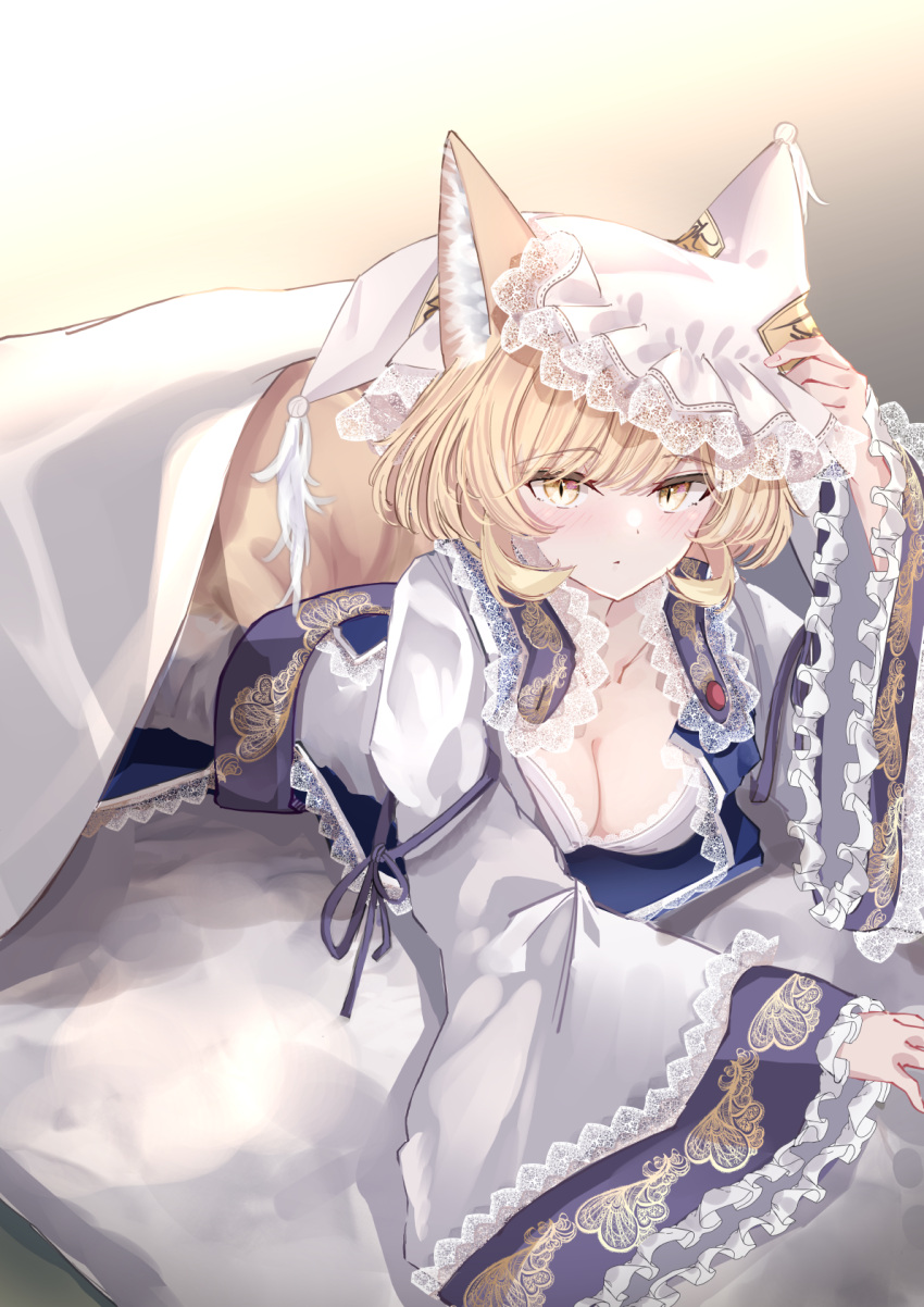 animal_ear_fluff animal_ears blonde_hair blush bra breasts cleavage closed_mouth collarbone dress female fox_ears fox_tail frilled_sleeves frills hat highres large_breasts long_sleeves lying mob_cap on_stomach sarasadou_dan short_hair slit_pupils solo tail touhou underwear white_bra white_dress white_hat wide_sleeves yakumo_ran yellow_eyes