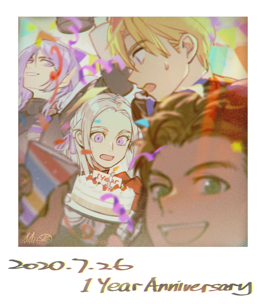 3boys :d alzi_xiaomi anniversary arm_up bangs blonde_hair blue_eyes blurry brown_hair cake character_request claude_von_riegan close-up collar confetti dated dimitri_alexandre_blaiddyd edelgard_von_hresvelg eyebrows_visible_through_hair female fire_emblem fire_emblem:_three_houses food framed from_side garreg_mach_monastery_uniform green_eyes hair_between_eyes highres holding holding_cake holding_food long_hair long_sleeves looking_at_another looking_at_viewer looking_down multiple_boys open_mouth parted_bangs parted_lips party photo_(object) purple_eyes purple_hair short_hair signature silver_hair simple_background smile surprised sweatdrop uniform