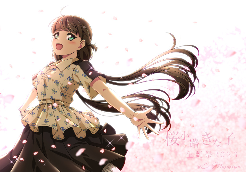 birthday blunt_bangs blush braid breasts brown_hair cherry_blossoms commentary female green_eyes half_up_braid highres long_hair love_live! love_live!_superstar!! low_twintails medium_breasts musashiya_chougenbou petals sakurakoji_kinako smile solo sparkle twintails twitter_username