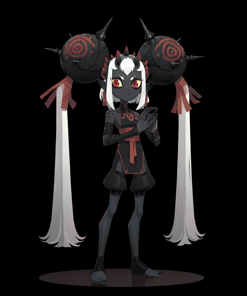 >:( absurdres black_background black_nails black_skin colored_sclera colored_skin deadslug earrings eye_print female flat_chest full_body highres horns jewelry long_fingers long_hair looking_at_viewer original own_hands_together pointy_ears red_eyes slit_pupils solo toeless_legwear twintails v-shaped_eyebrows very_long_hair white_hair yellow_sclera