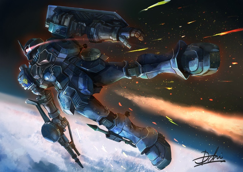 atmospheric_reentry eye_trail gun gundam gundam_ms_igloo holding holding_gun holding_weapon hukutuuprunes light_trail machine_gun mecha no_humans robot shield signature space sparks weapon zudah