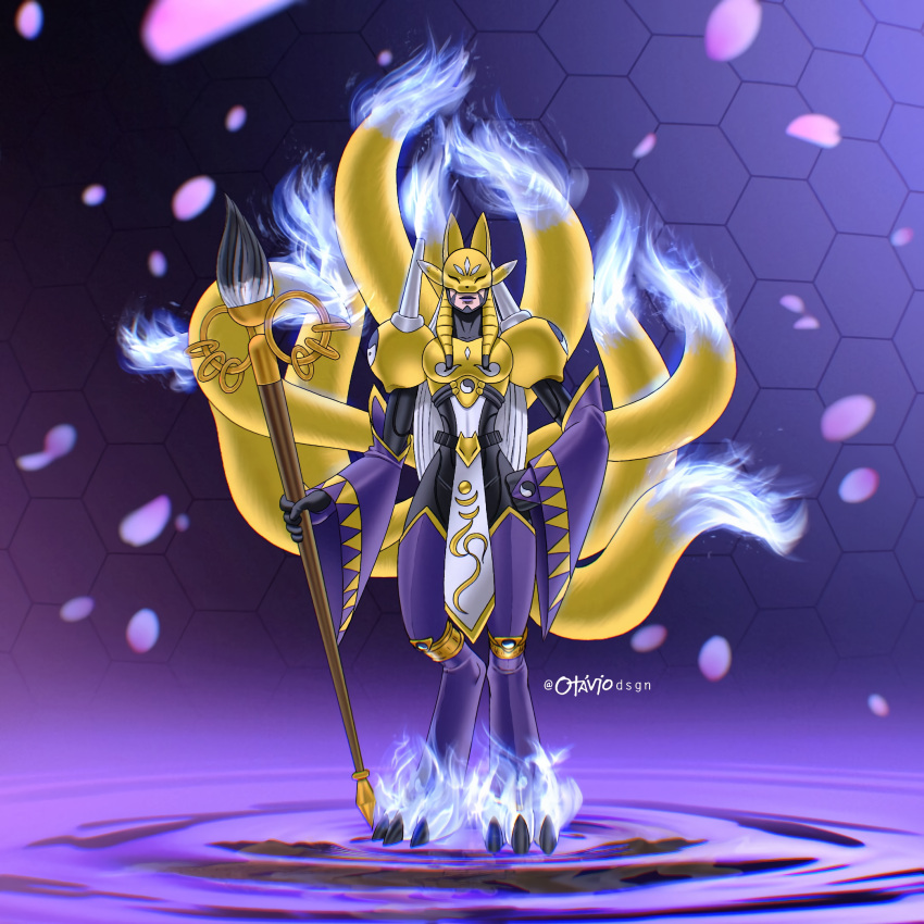 3_toes 5_fingers anthro armor artist_name background bandai_namco clothed clothing digimon digital_media digitigrade elbow_gloves female female_only fist_on_own_hip furry hi_res highres holding_object hybrid kyubimon looking_at_viewer mask multiple_tails otaviodsgn renamon sakuyamon taomon yellow_tail ying_yang_symbol