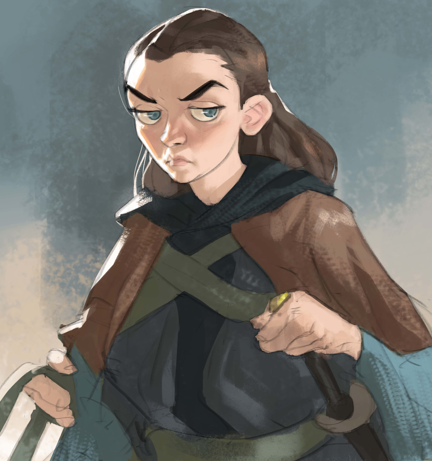 a_song_of_ice_and_fire absurdres arya_stark blue_eyes brown_hair commentary_request female game_of_thrones highres photoshop_(medium) ramon_nunez rapier solo sword weapon