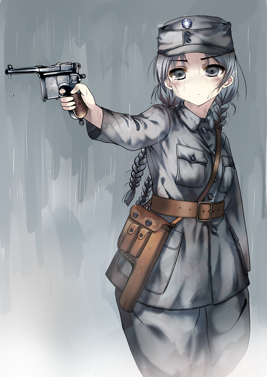 absurdres arm_at_side belt blue_hair braid closed_mouth commentary_request cowboy_shot crying crying_with_eyes_open expressionless female grey_background grey_eyes gun handgun hat hat_pin highres holding holding_gun holding_weapon holster kuomintang looking_at_viewer mauser_c96 military military_hat military_uniform national_revolutionary_army original outstretched_arm rain republic_of_china_flag samazuka_mashiro soldier solo standing standing_in_rain tears twin_braids uniform weapon world_war_ii