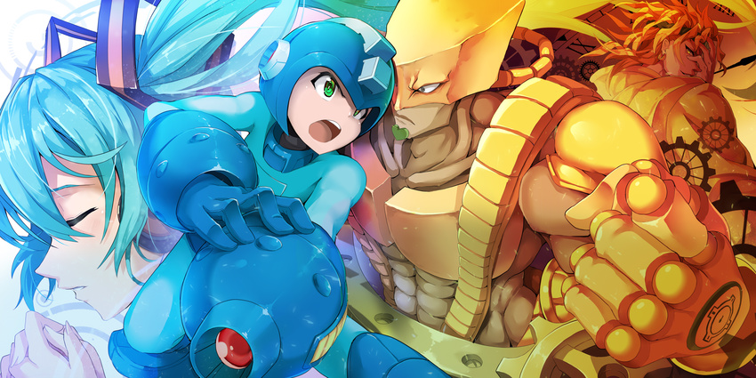 3boys abs absurdres aqua_hair arm_cannon blonde_hair closed_eyes commentary dio_brando female gloves green_eyes hand_on_own_face hatsune_miku headband helmet highres jojo_no_kimyou_na_bouken mega_man_(character) mega_man_(classic) mega_man_(series) multiple_boys niconico_rpg open_mouth own_hands_clasped own_hands_together photoshop_(medium) stand_(jojo) stardust_crusaders the_world vocaloid weapon zelitto