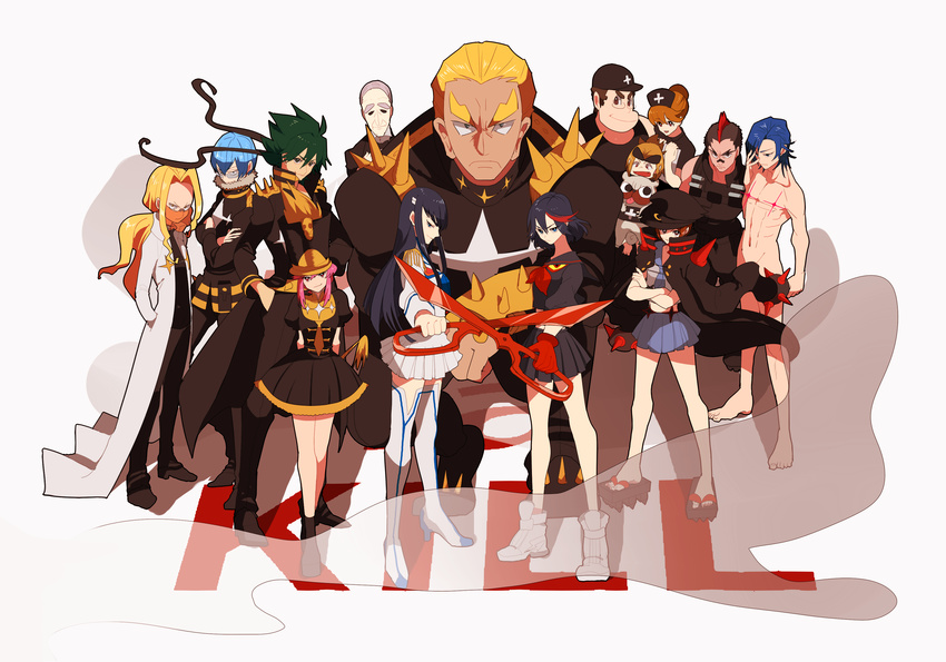 5girls 6+boys absurdres bad_id bad_pixiv_id everyone gamagoori_ira guts_(kill_la_kill) highres ichico inumuta_houka iori_shirou jakuzure_nonon junketsu kill_la_kill kinagase_tsumugu kiryuuin_satsuki mankanshoku_barazou mankanshoku_mako mankanshoku_matarou mankanshoku_sukuyo matoi_ryuuko mikisugi_aikurou multiple_boys multiple_girls sanageyama_uzu scissor_blade_(kill_la_kill) senketsu soroi_mitsuzou spoilers uniform weapon