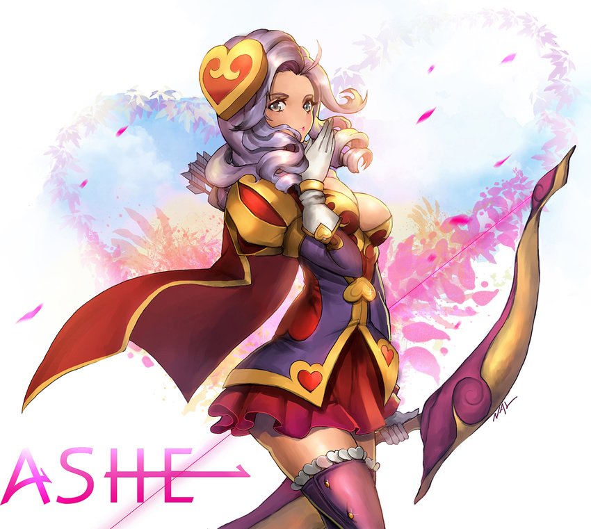 alternate_costume alternate_hairstyle arrow_(projectile) ashe_(league_of_legends) bow_(weapon) breasts cape character_name commentary curly_hair female gloves grey_eyes grey_hair heartseeker_ashe holding holding_weapon large_breasts league_of_legends long_hair long_sleeves nal_(nal's_pudding) photoshop_(medium) red_skirt skirt solo weapon white_gloves