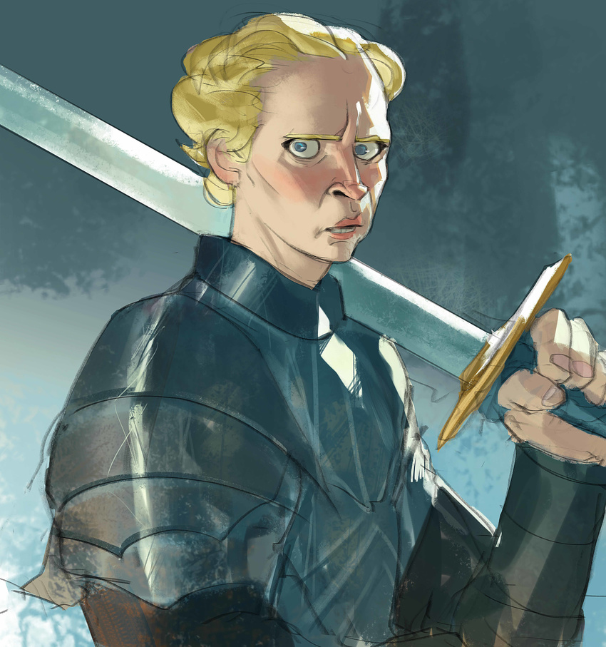 a_song_of_ice_and_fire absurdres armor blonde_hair blue_eyes brienne_of_tarth commentary_request game_of_thrones highres photoshop_(medium) ramon_nunez short_hair sword weapon