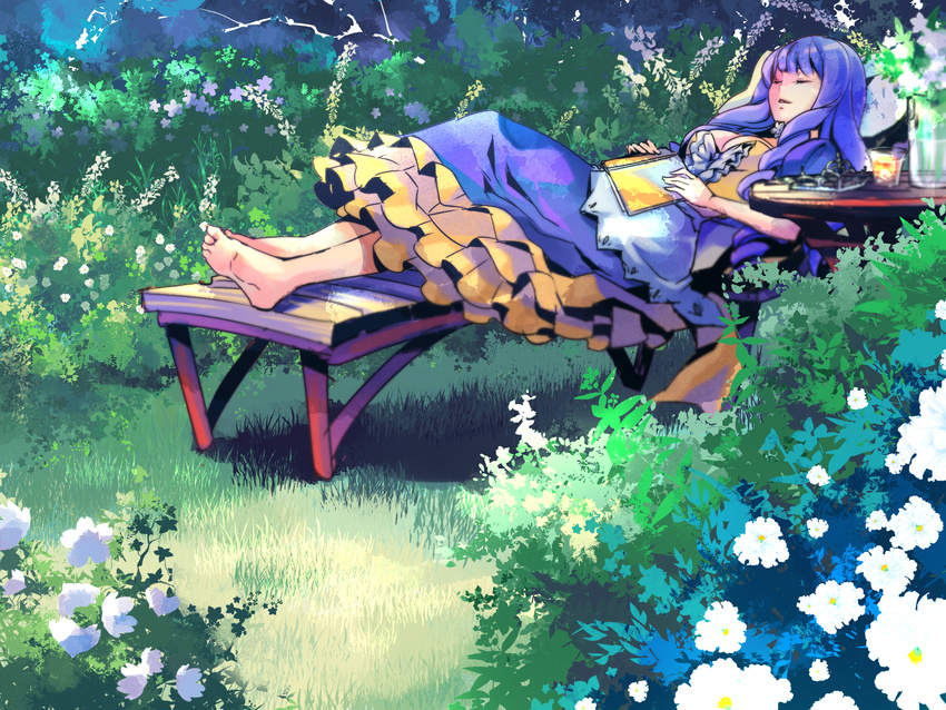 bad_id bad_pixiv_id barefoot book breasts cleavage closed_eyes dress female flower highres layered_dress lying medium_breasts princess_(sekaiju) princess_4_(sekaiju) purple_hair sekaiju_no_meikyuu sekaiju_no_meikyuu_3 sleeping solo tubameraamen