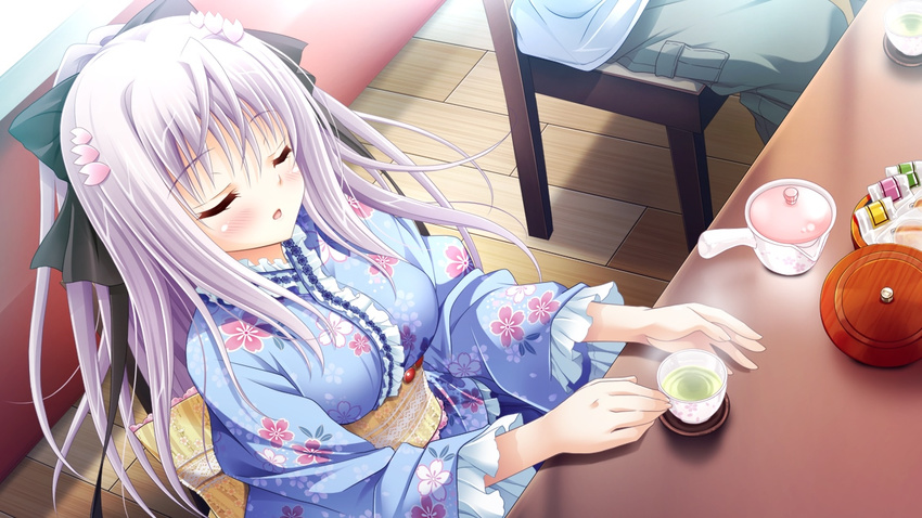 3-nin_iru! blush chair closed_eyes female game_cg japanese_clothes kimono long_hair mibuno_suzume open_mouth purple_hair sitting suzui_narumi