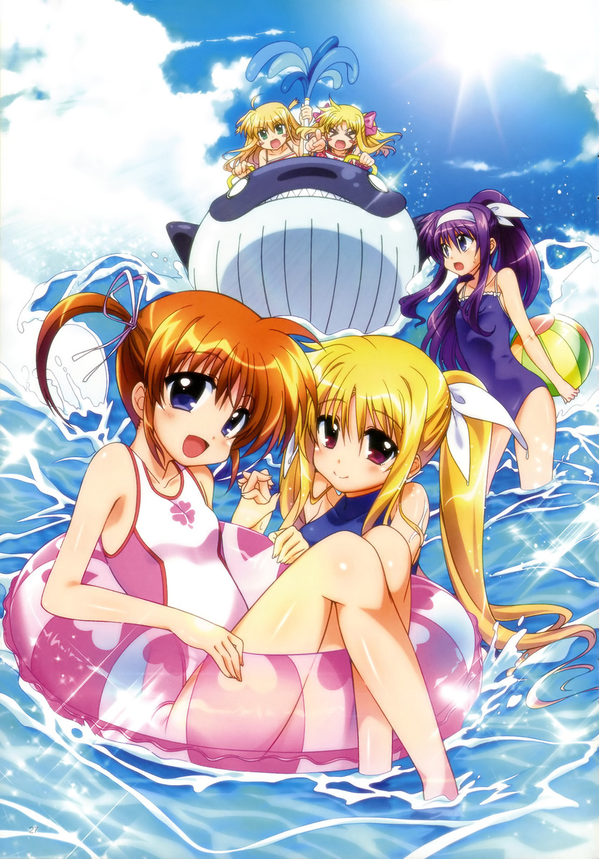 >< 5girls alicia_testarossa arisa_bannings beach blonde_hair blush blush_stickers brown_hair fate_testarossa green_eyes hair_ornament hand_holding interlocked_fingers kawakami_shuuichi lyrical_nanoha mahou_shoujo_lyrical_nanoha mahou_shoujo_lyrical_nanoha_innocent multiple_girls official official_art ponytail purple_eyes purple_hair red_eyes ribbon takamachi_nanoha tsukimura_suzuka twintails volleyball water yuri