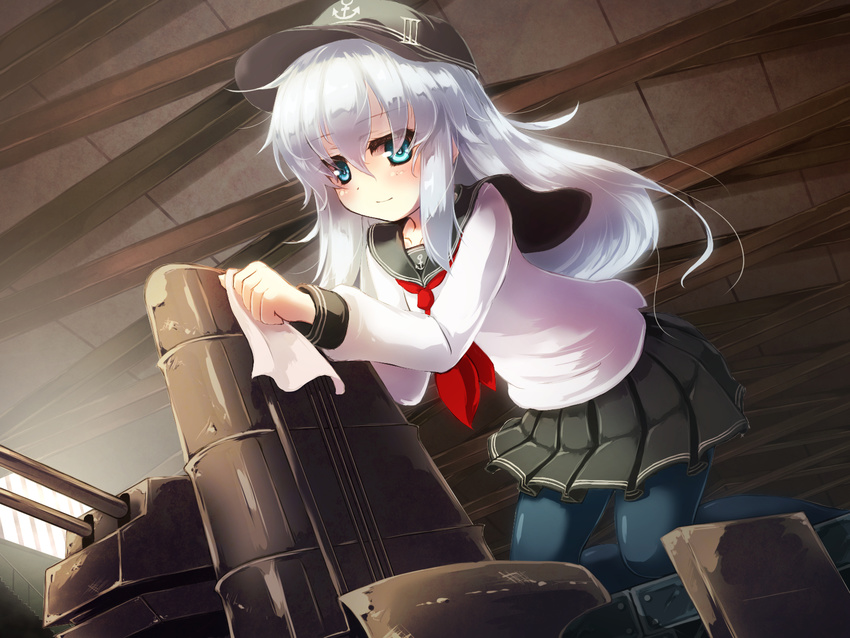 black_pantyhose blue_eyes blush cannon cleaning commentary_request duster female gengetsu_chihiro grey_hair hair_ornament hangar hat hibiki_(kancolle) highres kantai_collection long_hair long_sleeves pantyhose school_uniform serafuku skirt smile solo turret white_hair