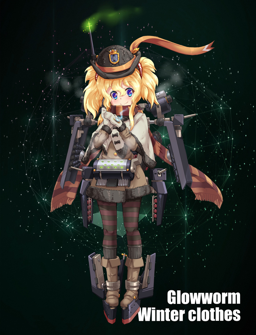 alternate_costume black_bow blonde_hair blue_eyes blush boots bow bowler_hat brown_coat brown_footwear buttons cannon capelet character_name closed_mouth coat commentary_request depth_charge emblem english_text eyebrows female full_body fur_trim glowworm_(warship_girls_r) green_background hair_between_eyes hat highres looking_at_viewer machinery mittens official_art orange_ribbon own_hands_together pantyhose photoshop_(medium) pocket propeller ribbon rigging scarf scrunchie sirills smile solo standing steam striped_clothes striped_pantyhose striped_scarf symbol-shaped_pupils torpedo turret twintails warship_girls_r