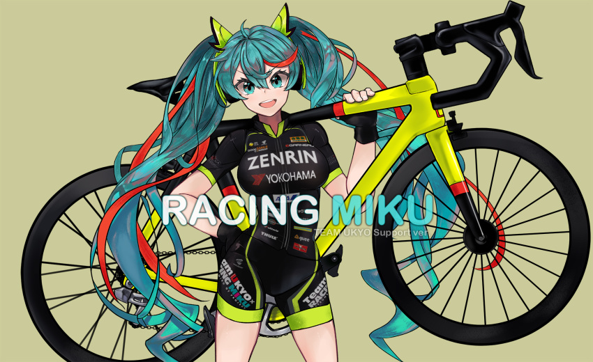 :d bad_id bad_pixiv_id beige_background bicycle bike_shorts black_gloves blush breasts character_name commentary contrapposto english_text female fingerless_gloves floatingapple gloves goodsmile_racing green_eyes green_hair hair_between_eyes hand_on_own_hip hatsune_miku headphones highres large_breasts looking_at_viewer multicolored_hair open_mouth photoshop_(medium) racing_miku racing_miku_(2016) red_hair smile solo standing streaked_hair twintails v-shaped_eyebrows vocaloid watermark