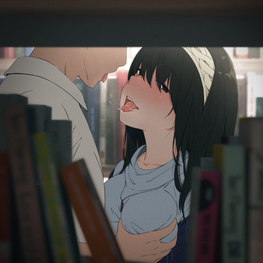 1boy after_kiss black_hair book bookshelf breasts commentary_request female grabbing grabbing_another's_breast hairband idolmaster idolmaster_cinderella_girls kemuri_haku library sagisawa_fumika saliva saliva_trail solo_focus straight tongue tongue_out upper_body