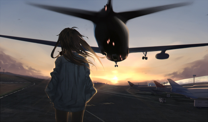 aircraft airfield airplane airport brown_hair cloud commentary day english_commentary female from_behind grey_jacket hands_in_pockets jacket landing lens_flare litra_(ltr0312) long_hair long_sleeves looking_at_object motion_blur original outdoors runway scenery simple_background sky sunset vehicle_focus