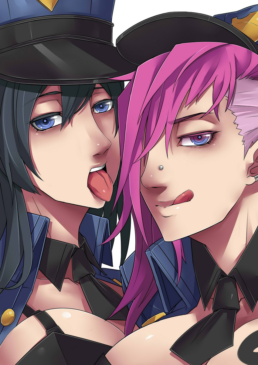 2girls :q alternate_costume blue_eyes breasts caitlyn_(league_of_legends) cleavage close-up commentary_request exaxuxer hat highres large_breasts league_of_legends multiple_girls officer_caitlyn officer_vi pink_hair police police_hat police_uniform policewoman purple_eyes tongue tongue_out uniform vi_(league_of_legends)