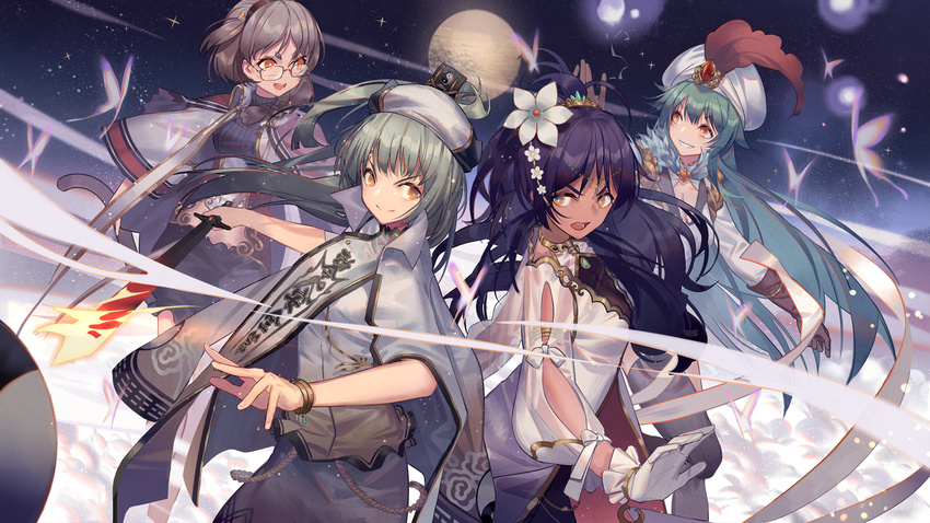 4girls bible_bullet black_hair blush brown_hair character_request chinese_commentary closed_mouth commentary_request daode_tianzun_(bible_bullet) flower glasses gloves green_hair hair_flower hair_ornament hat highres holding holding_sword holding_weapon long_hair looking_at_another multiple_girls norizc orange_eyes parted_lips photoshop_(medium) ponytail short_hair smile sword turban vishnu_(bible_bullet) weapon white_gloves white_hat