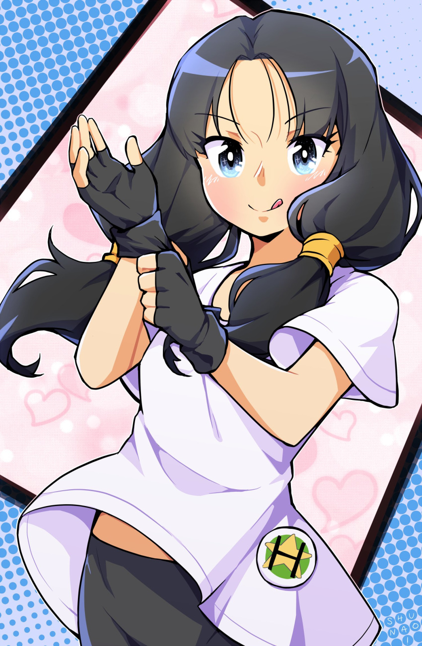 artist_name belt_bra bike_shorts black_hair blue_eyes blush commentary dragon_ball dragon_ball_z female fingerless_gloves gloves highres long_hair looking_at_viewer lyn_(shunao) protected_link shirt simple_background smile solo twintails videl