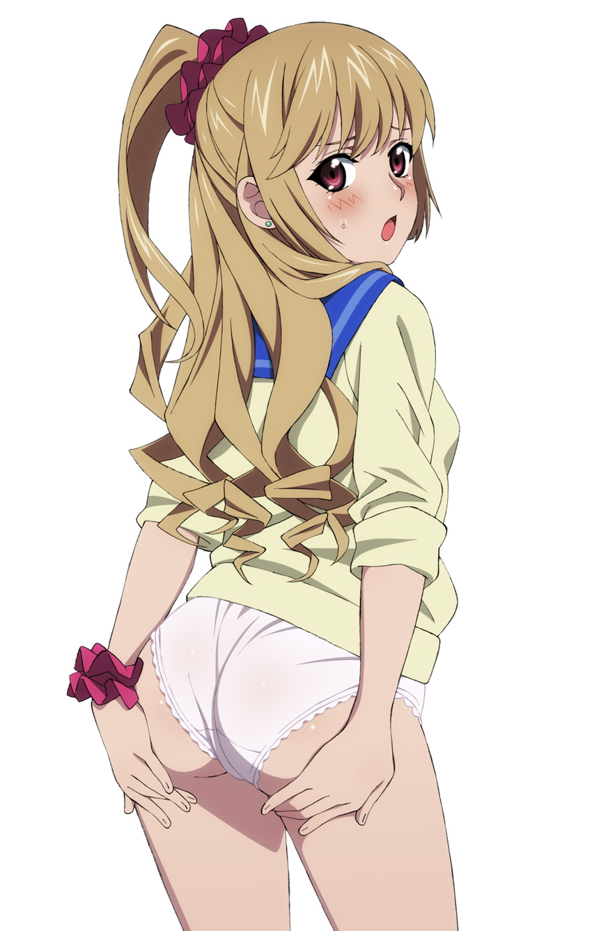 aiba_asagi ass blonde_hair blush commentary_request earrings female from_behind highres jewelry long_hair looking_at_viewer looking_back mokke_(mokke99) no_pants open_mouth panties photoshop_(medium) ponytail red_eyes scrunchie side_ponytail simple_background solo strike_the_blood sweatdrop underwear white_background white_panties